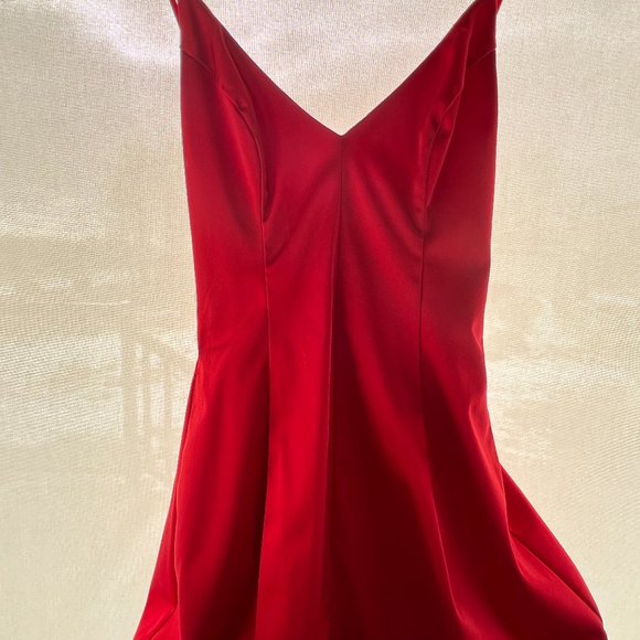 bebe Red Satin Mini Dress with Tulle Underskirt and Pockets - Picture 4 of 9